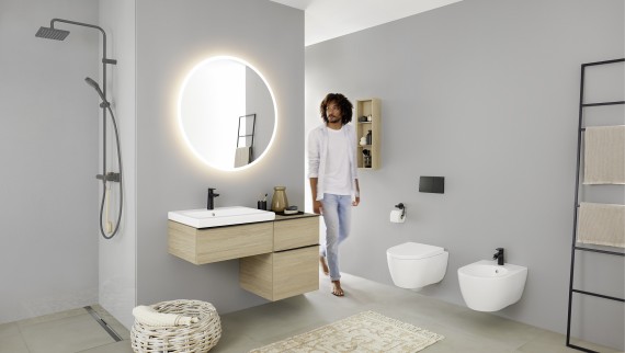 Geberit iCon bathroom with wall-hung WC and wall-hung bidet