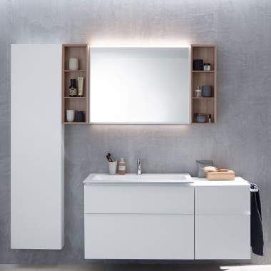 Geberit iCon vanity unit with side cabinet, tall cabinet and shelving units