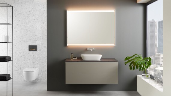 Geberit ONE washbasin cabinet in greige with push-to-open mechanism