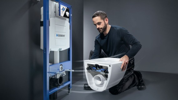 Plumber-mounted WC system comprising Geberit Sigma concealed cistern and Geberit Acanto WC