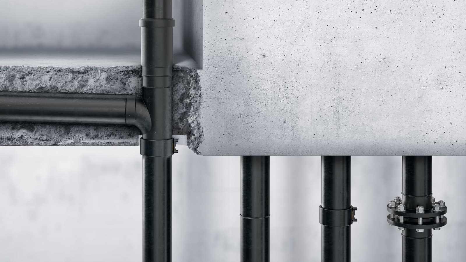 Geberit PE pipes and fittings are welded and can also be laid in concrete. Geberit PE pipes and fittings are welded and can also be laid in concrete.