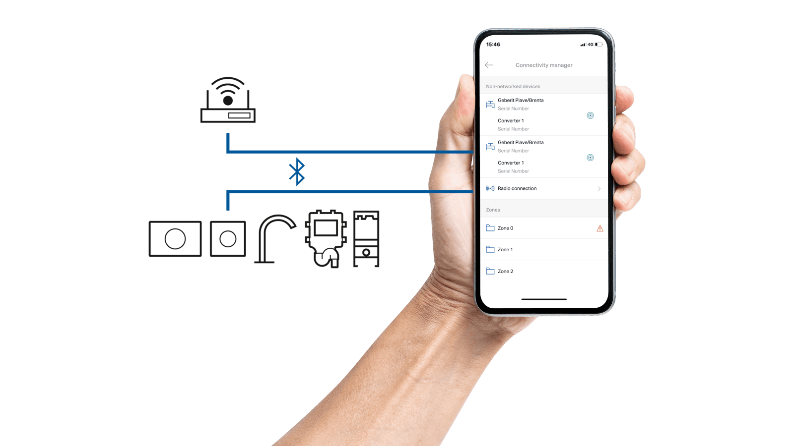 Operation, recording and maintenance are carried out with the Geberit Control app. Operation, recording and maintenance are carried out with the Geberit Control app.